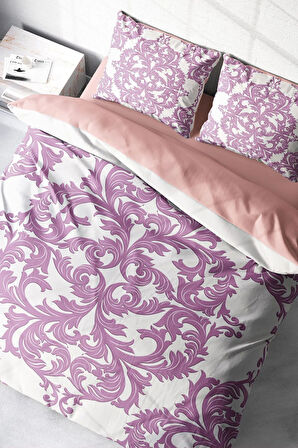 Lastikli Çarşaflı %100 Pamuk Saten Çift Kişilik Nevresim Takımı Pink Damask