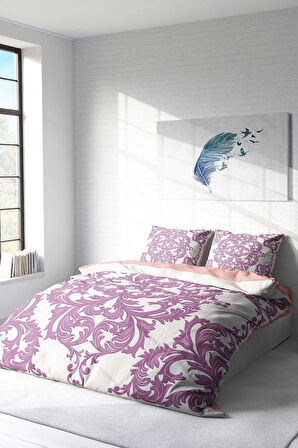 Lastikli Çarşaflı %100 Pamuk Saten Çift Kişilik Nevresim Takımı Pink Damask