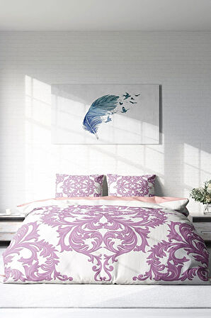 Lastikli Çarşaflı %100 Pamuk Saten Çift Kişilik Nevresim Takımı Pink Damask