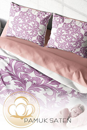 Lastikli Çarşaflı %100 Pamuk Saten Çift Kişilik Nevresim Takımı Pink Damask