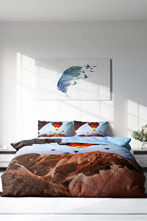 Lastikli Çarşaflı %100 Pamuk Saten Çift Kişilik Nevresim Takımı Kapadokya