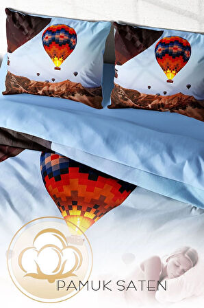 Lastikli Çarşaflı %100 Pamuk Saten Çift Kişilik Nevresim Takımı Kapadokya