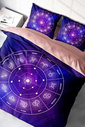 Lastikli Çarşaflı %100 Pamuk Saten Çift Kişilik Nevresim Takımı Astroloji