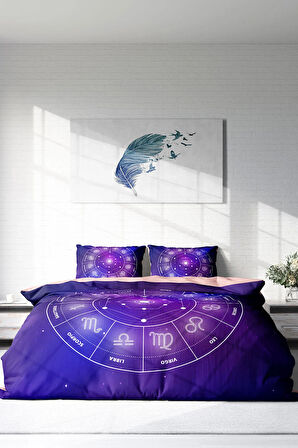 Lastikli Çarşaflı %100 Pamuk Saten Çift Kişilik Nevresim Takımı Astroloji