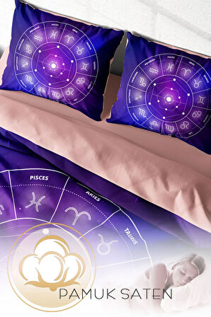 Lastikli Çarşaflı %100 Pamuk Saten Çift Kişilik Nevresim Takımı Astroloji