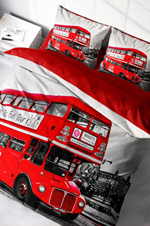 Lastikli Çarşaflı %100 Pamuk Saten Çift Kişilik Nevresim Takımı London Bus