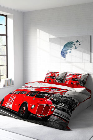 Lastikli Çarşaflı %100 Pamuk Saten Çift Kişilik Nevresim Takımı London Bus