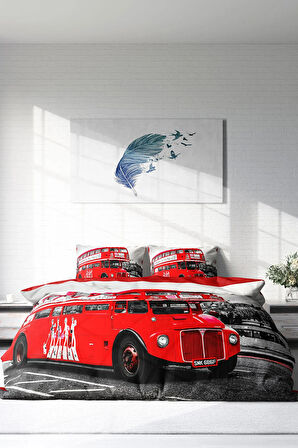 Lastikli Çarşaflı %100 Pamuk Saten Çift Kişilik Nevresim Takımı London Bus