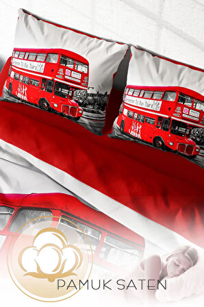 Lastikli Çarşaflı %100 Pamuk Saten Çift Kişilik Nevresim Takımı London Bus