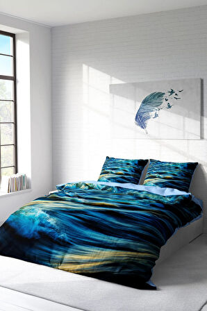 Lastikli Çarşaflı %100 Pamuk Saten Çift Kişilik Nevresim Takımı Wavy Sea