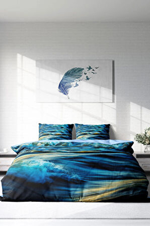 Lastikli Çarşaflı %100 Pamuk Saten Çift Kişilik Nevresim Takımı Wavy Sea