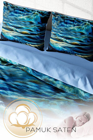 Lastikli Çarşaflı %100 Pamuk Saten Çift Kişilik Nevresim Takımı Wavy Sea