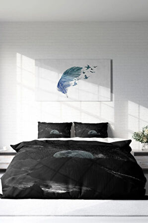 Lastikli Çarşaflı %100 Pamuk Saten Çift Kişilik Nevresim Takımı Dark Moon