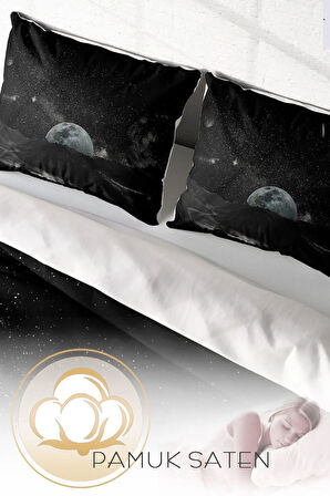 Lastikli Çarşaflı %100 Pamuk Saten Çift Kişilik Nevresim Takımı Dark Moon