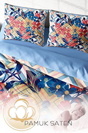 Lastikli Çarşaflı %100 Pamuk Saten Çift Kişilik Nevresim Takımı Geo Flowers