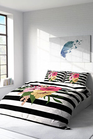 Lastikli Çarşaflı %100 Pamuk Saten Çift Kişilik Nevresim Takımı Flower Line