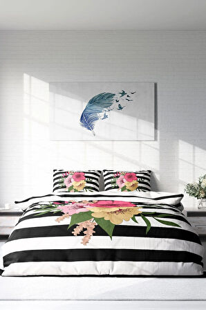 Lastikli Çarşaflı %100 Pamuk Saten Çift Kişilik Nevresim Takımı Flower Line