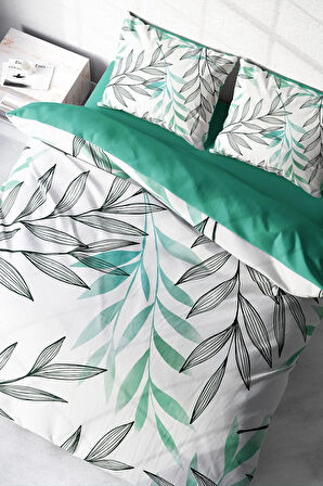 Lastikli Çarşaflı %100 Pamuk Saten Çift Kişilik Nevresim Takımı Turkuaz Tüy