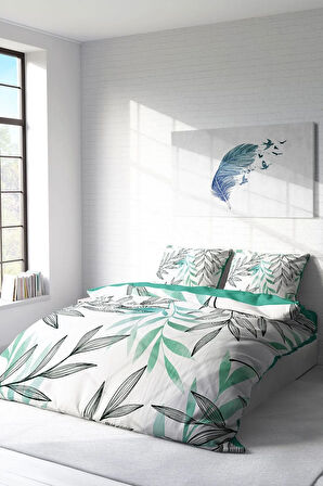 Lastikli Çarşaflı %100 Pamuk Saten Çift Kişilik Nevresim Takımı Turkuaz Tüy