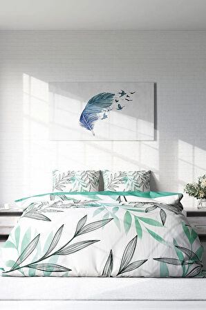 Lastikli Çarşaflı %100 Pamuk Saten Çift Kişilik Nevresim Takımı Turkuaz Tüy