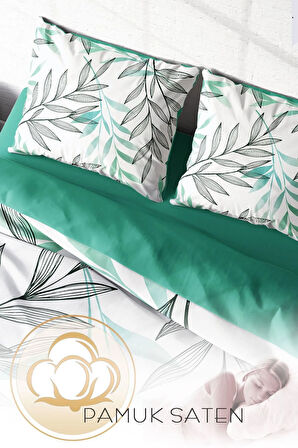Lastikli Çarşaflı %100 Pamuk Saten Çift Kişilik Nevresim Takımı Turkuaz Tüy