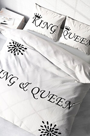 Lastikli Çarşaflı %100 Pamuk Saten Çift Kişilik Nevresim Takımı White King-Queen