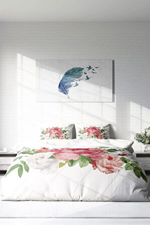 Lastikli Çarşaflı %100 Pamuk Saten Çift Kişilik Nevresim Takımı New Floral