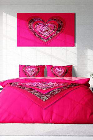 Lastikli Çarşaflı %100 Pamuk Saten Çift Kişilik Nevresim Takımı Pink Valentine