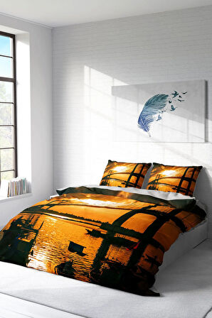 Lastikli Çarşaflı %100 Pamuk Saten Çift Kişilik Nevresim Takımı Bridge