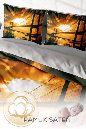 Lastikli Çarşaflı %100 Pamuk Saten Çift Kişilik Nevresim Takımı Bridge