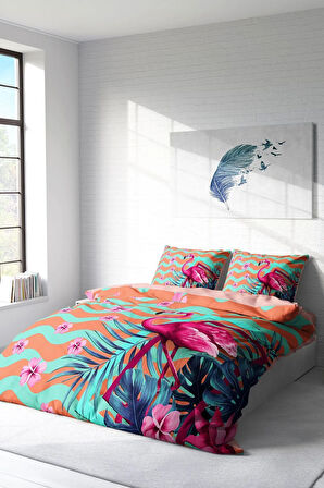 Lastikli Çarşaflı %100 Pamuk Saten Çift Kişilik Nevresim Takımı Turkuaz Flamingo