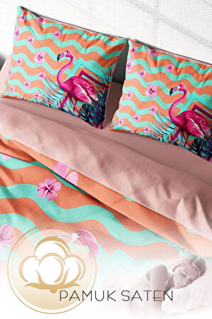 Lastikli Çarşaflı %100 Pamuk Saten Çift Kişilik Nevresim Takımı Turkuaz Flamingo