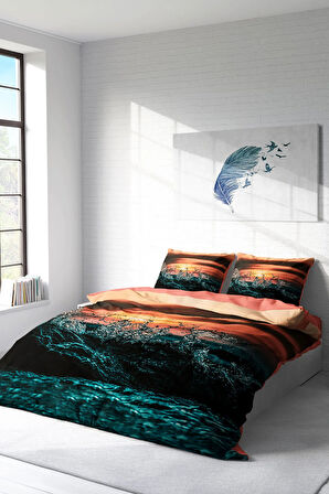 Lastikli Çarşaflı %100 Pamuk Saten Çift Kişilik Nevresim Takımı Deniz