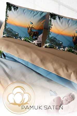 Lastikli Çarşaflı %100 Pamuk Saten Çift Kişilik Nevresim Takımı Deer