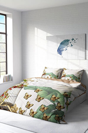 Lastikli Çarşaflı %100 Pamuk Saten Çift Kişilik Nevresim Takımı Butterflys