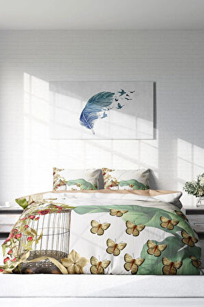 Lastikli Çarşaflı %100 Pamuk Saten Çift Kişilik Nevresim Takımı Butterflys