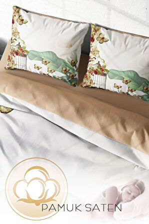Lastikli Çarşaflı %100 Pamuk Saten Çift Kişilik Nevresim Takımı Butterflys