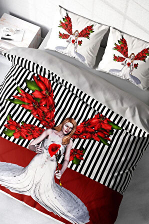 Lastikli Çarşaflı %100 Pamuk Saten Çift Kişilik Nevresim Takımı Angel Fail