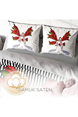 Lastikli Çarşaflı %100 Pamuk Saten Çift Kişilik Nevresim Takımı Angel Fail