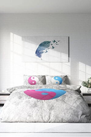 Lastikli Çarşaflı %100 Pamuk Saten Çift Kişilik Nevresim Takımı Ying Yang