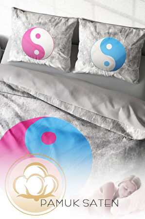 Lastikli Çarşaflı %100 Pamuk Saten Çift Kişilik Nevresim Takımı Ying Yang