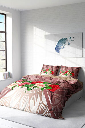 Lastikli Çarşaflı %100 Pamuk Saten Çift Kişilik Nevresim Takımı Brown & Roses