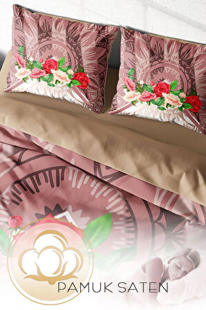 Lastikli Çarşaflı %100 Pamuk Saten Çift Kişilik Nevresim Takımı Brown & Roses