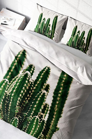 Lastikli Çarşaflı %100 Pamuk Saten Çift Kişilik Nevresim Takımı Kaktüs