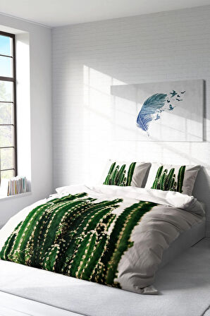 Lastikli Çarşaflı %100 Pamuk Saten Çift Kişilik Nevresim Takımı Kaktüs