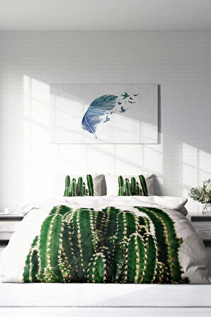 Lastikli Çarşaflı %100 Pamuk Saten Çift Kişilik Nevresim Takımı Kaktüs