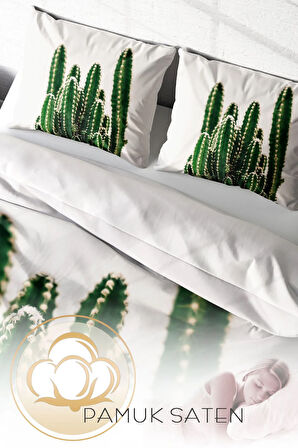 Lastikli Çarşaflı %100 Pamuk Saten Çift Kişilik Nevresim Takımı Kaktüs