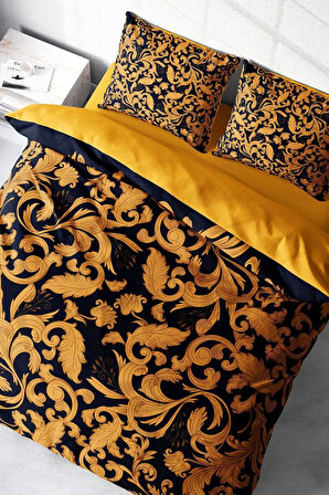 Lastikli Çarşaflı %100 Pamuk Saten Çift Kişilik Nevresim Takımı Gold Floral