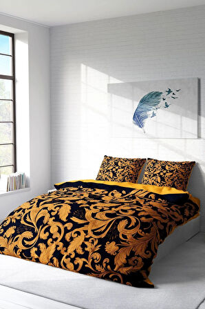 Lastikli Çarşaflı %100 Pamuk Saten Çift Kişilik Nevresim Takımı Gold Floral