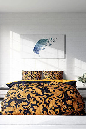 Lastikli Çarşaflı %100 Pamuk Saten Çift Kişilik Nevresim Takımı Gold Floral